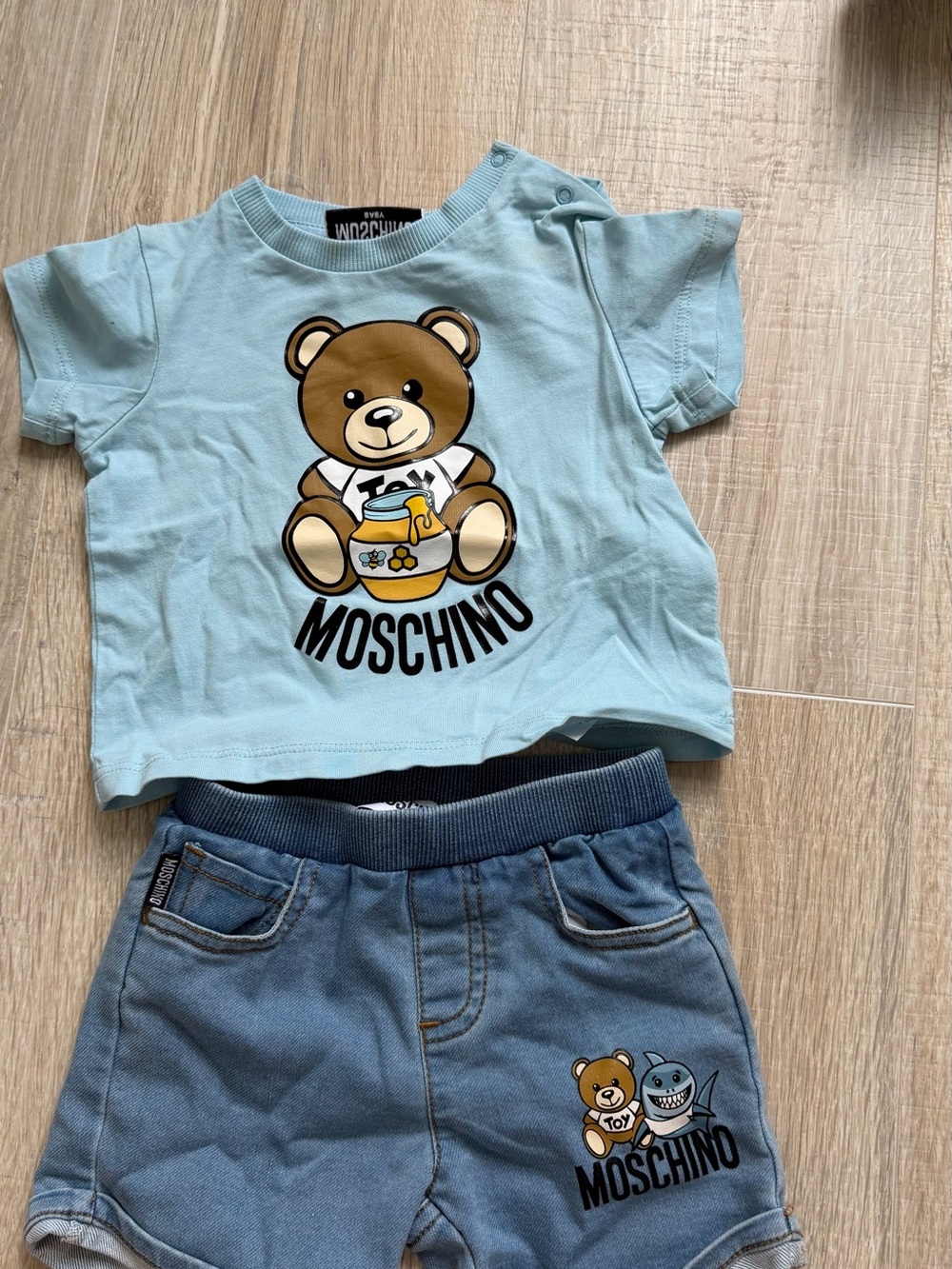 Moschino Light Blue Denim-Look Baby Shorts with Teddy Accent